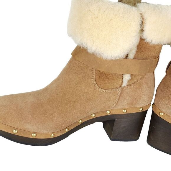 UGG Women's Brea US 9 Suede Chestnut Studded Fur Shearling Clog Boots - Picture 7 of 13